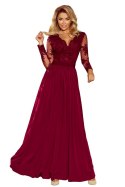 213-2 ARATI długa suknia z haftowanym dekoltem i długim rękawkiem - BORDOWA