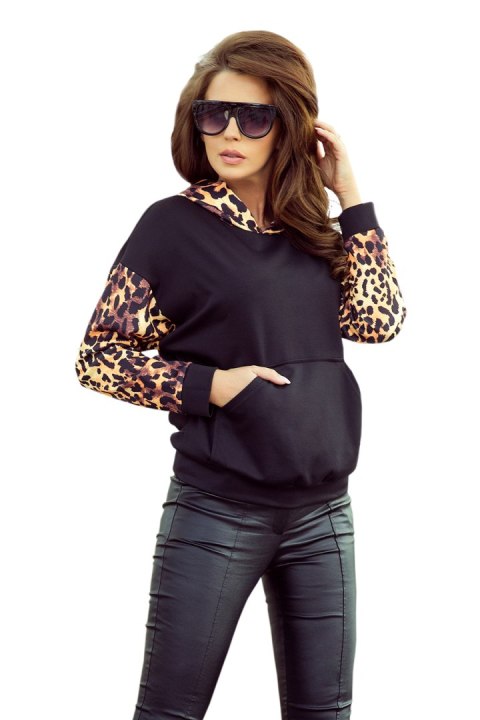 279-2 Bluza kangurka z kapturem - czarna z panterkowymi wstawkami 279-2 Bluza kangurka z kapturem - czarna z panterkowymi wstawkami