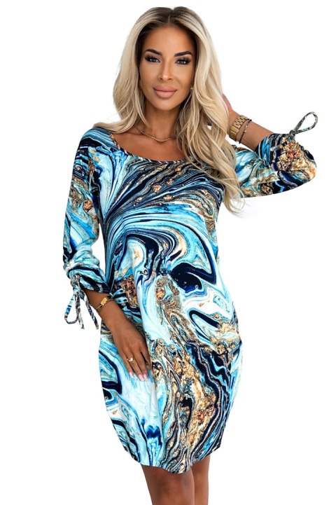 281-7 SOPHIE Wygodna sukienka z kieszeniami Oversize - NIEBIESKO-ZŁOTE FALE 281-7 SOPHIE Wygodna sukienka z kieszeniami Oversize - NIEBIESKO-ZŁOTE FALE